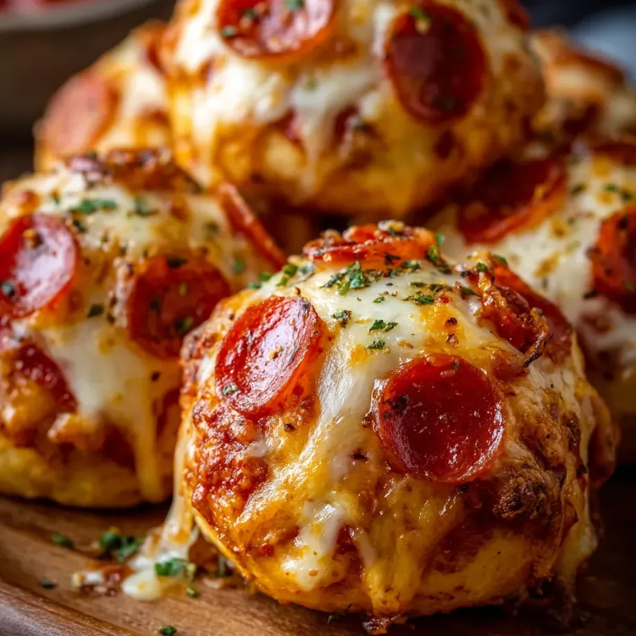 Quelques bombes à la pepperoni posées sur une table.