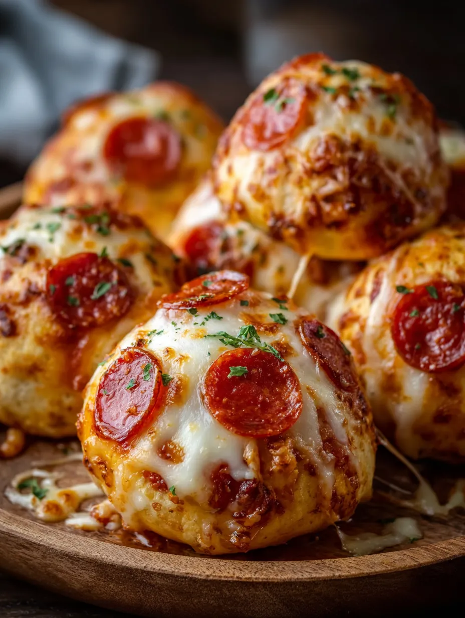 Six boulets de pizza au pepperoni réunis sur une assiette.