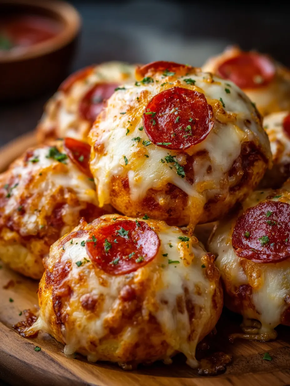 Six boules de pizza pepperoni rassemblées sur une assiette.