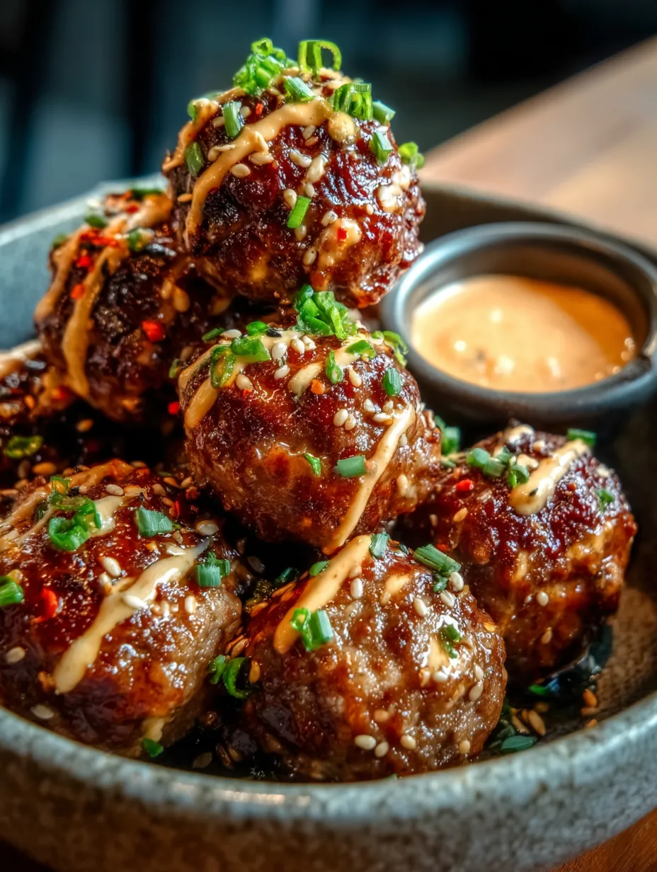 Des boulettes grillées dans un wok arrosées de sauce et parsemées d’oignons verts.