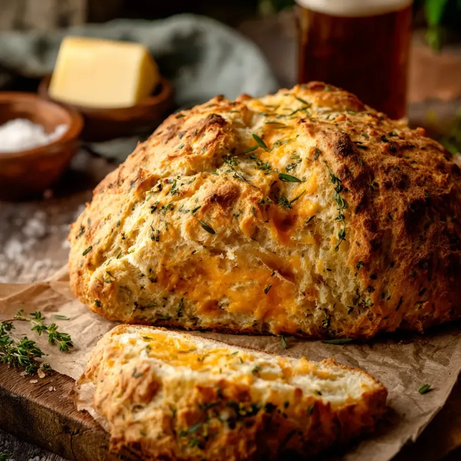 Une baguette garnie d’oignons et de fromage posée sur la table.