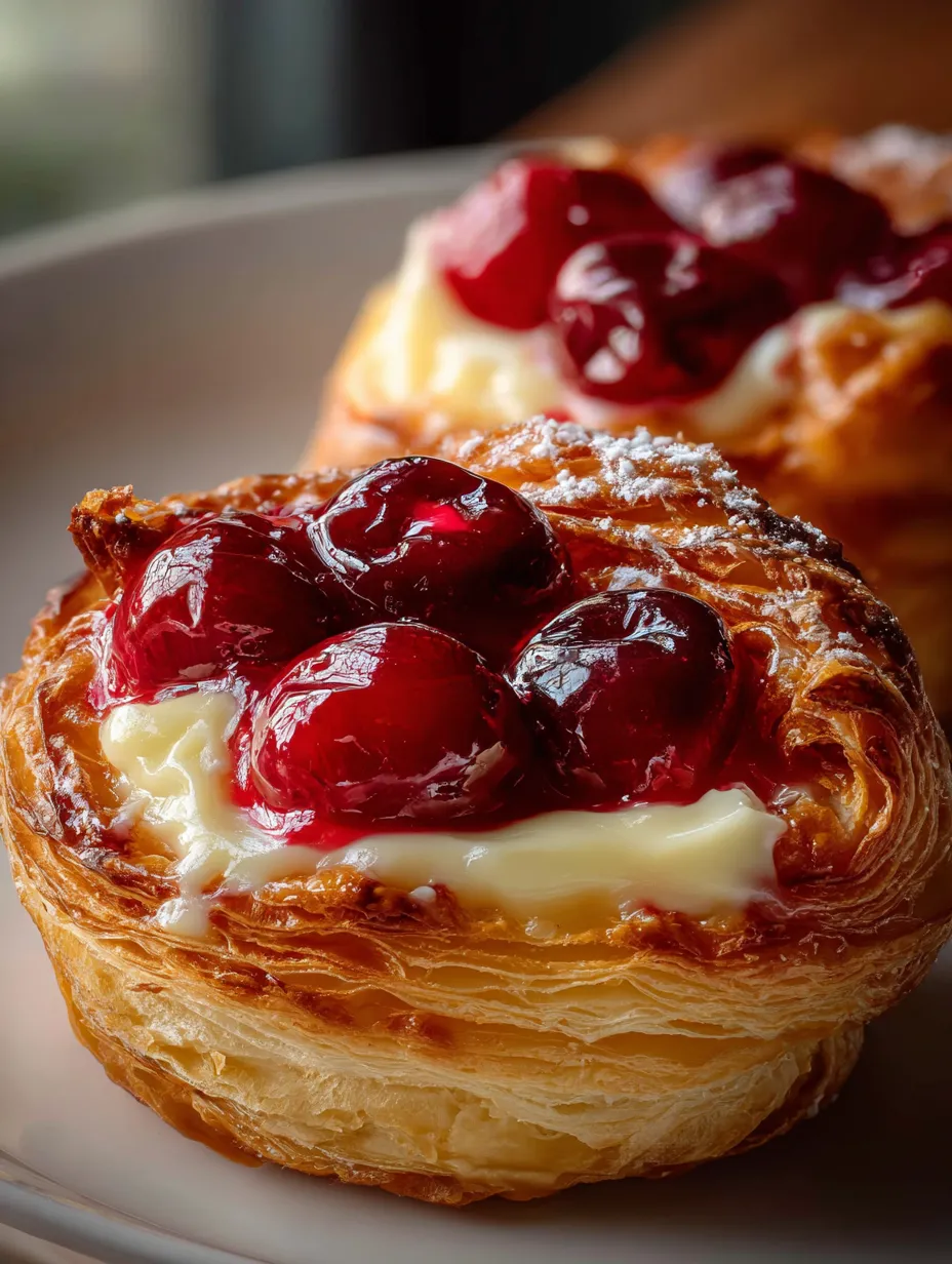 Un biscuit garni de cerises et crème vanille.