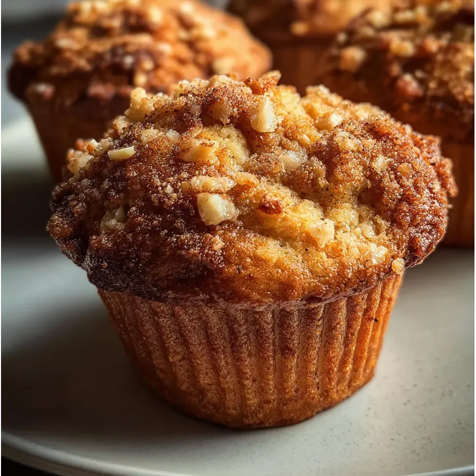 Un muffin sur une assiette avec sucre et quelques noix dessus.