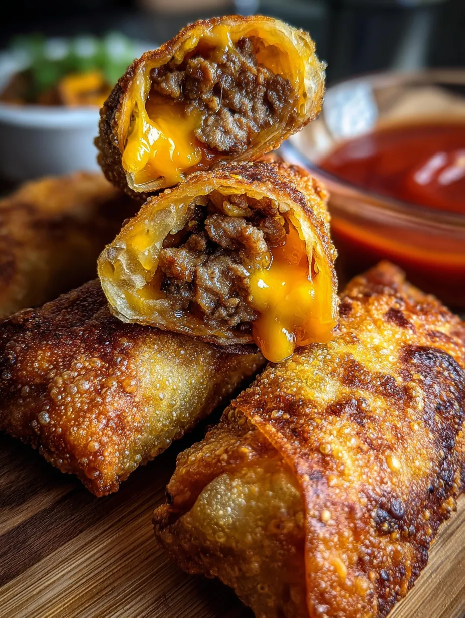 Photo de deux egg rolls bien garnis au fromage et viande sur une assiette.