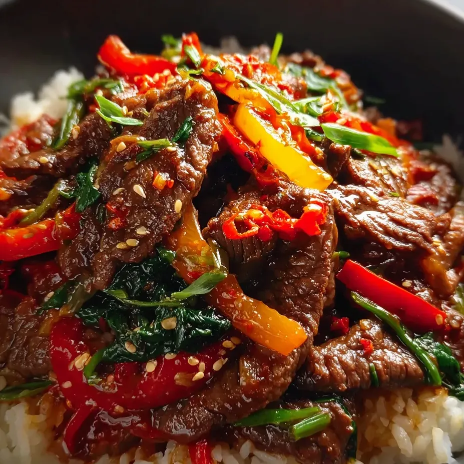 Photo d'un plat avec boeuf, oignons, poivrons, tomates et coriandre.