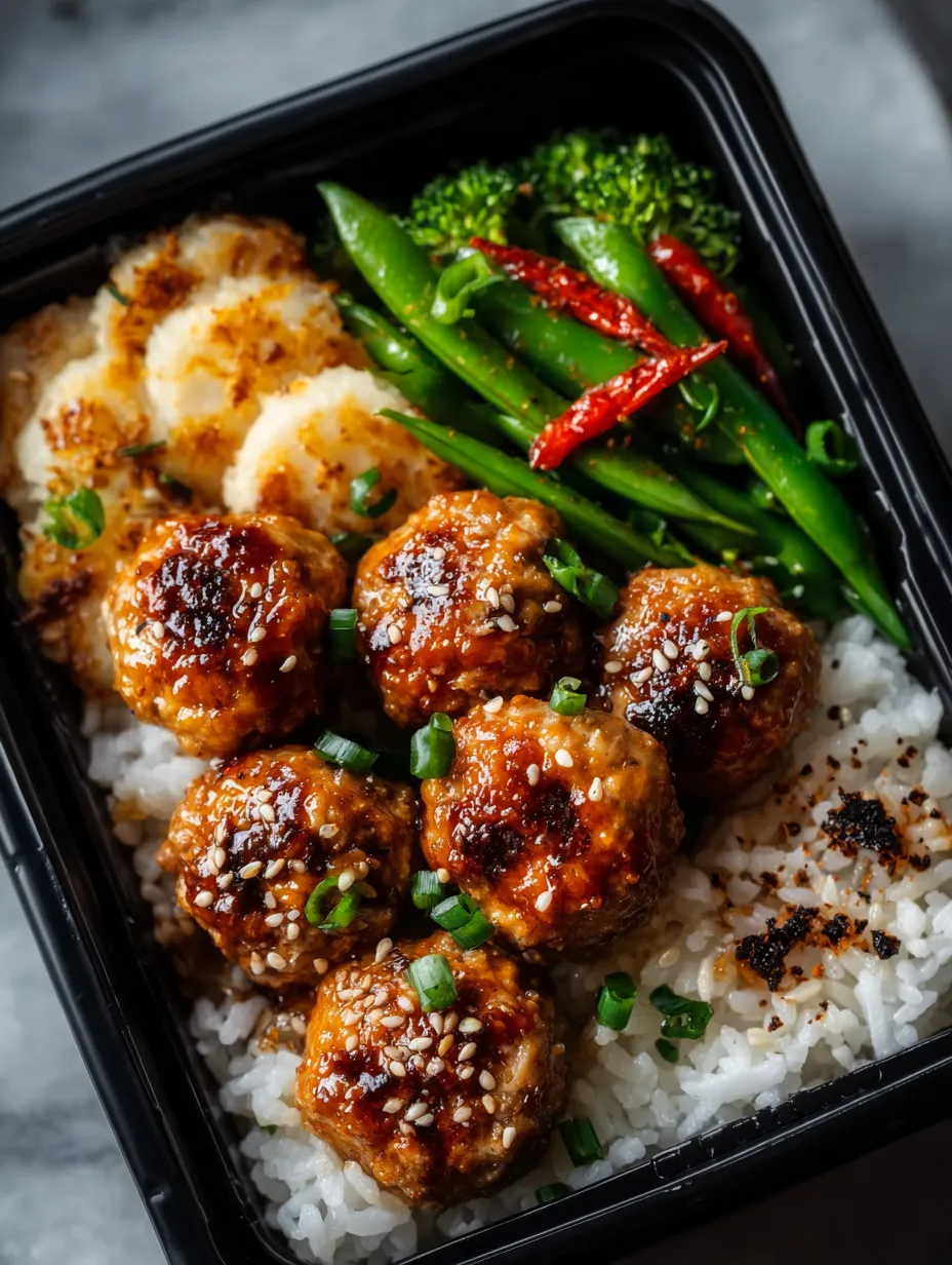 Un plat noir rempli de riz et boulettes de poulet.