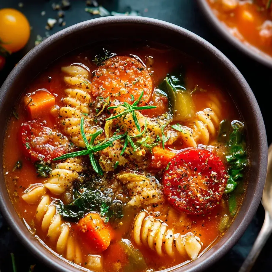 Un bocal rempli de pâtes, tomates, oignons et pommes de terre.