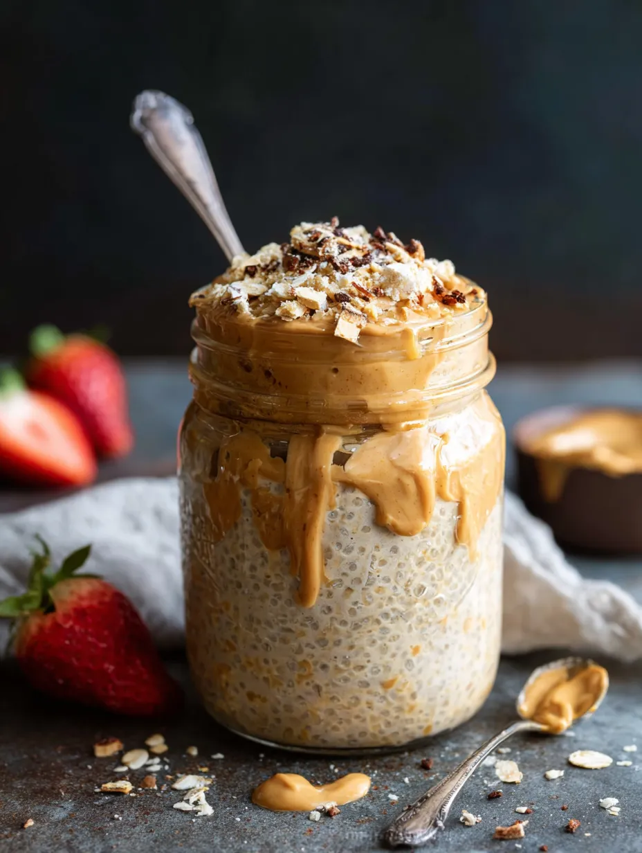 Un bocal contenant une soupe de nouilles, décoré de noix et de chocolat.