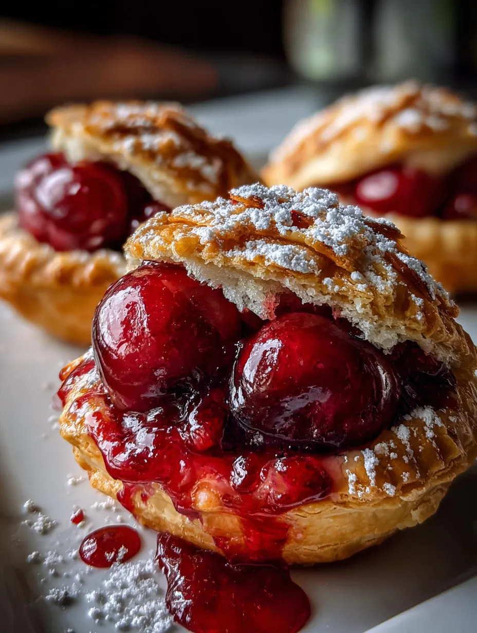 Un gâteau moelleux farci aux cerises et saupoudré de sucre.