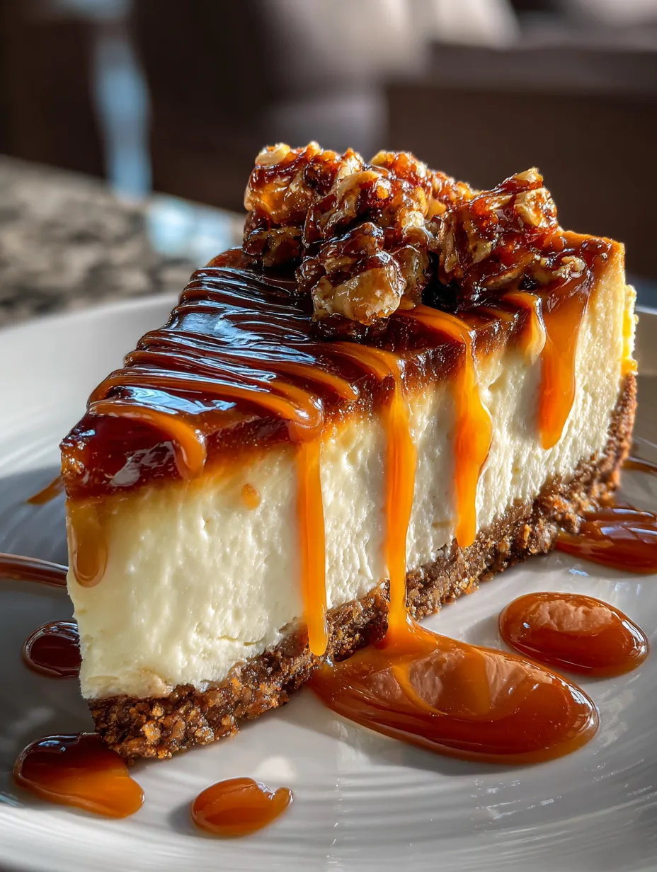 Une part de Cheesecake caramel-touffé et une tranche d'oignon dans une assiette blanche.