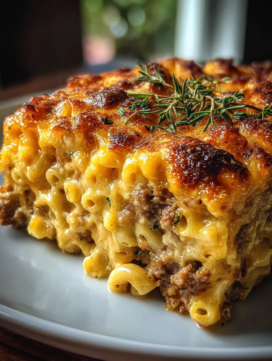 Un gros gratin doré nappé de fromage et d’oignons sur une assiette blanche.