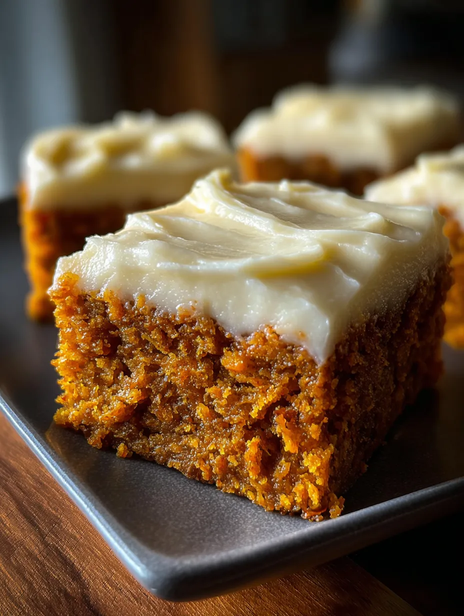 Trois morceaux de gâteau orange sur un plat, posés sur une assiette.