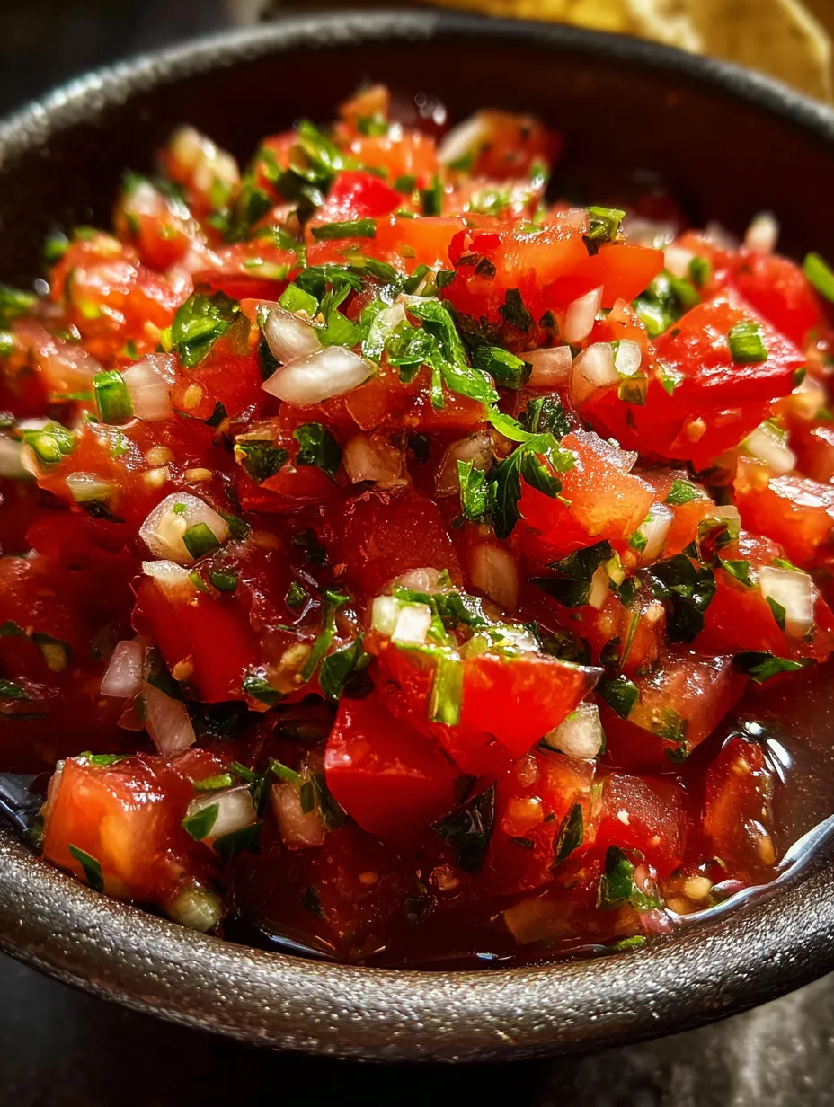 Un bol rempli d’un mélange coloré de tomates, oignons, piments et ail.