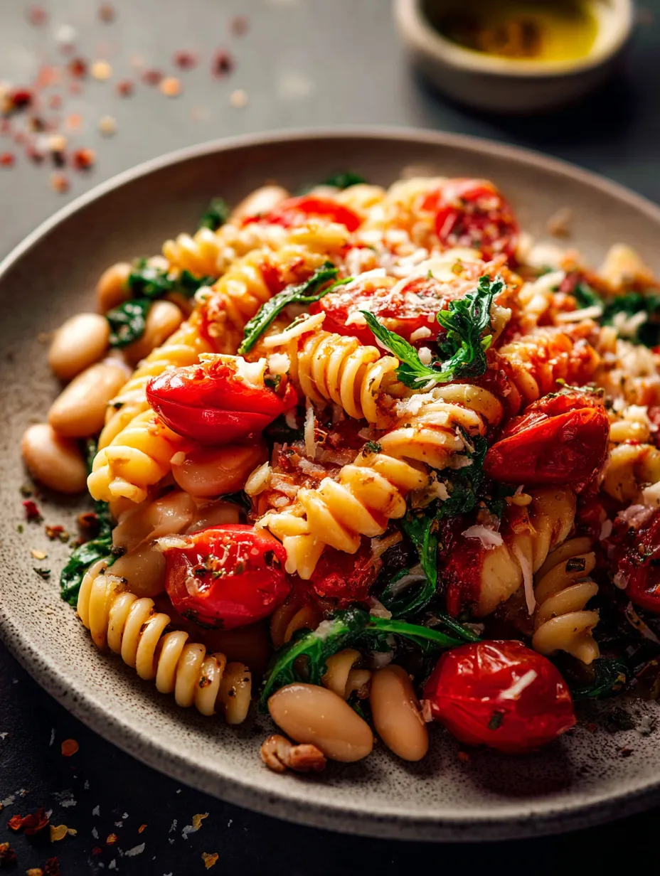 Un bol garni de pâtes, tomates, pois chiches et épinards avec du basilic frais.