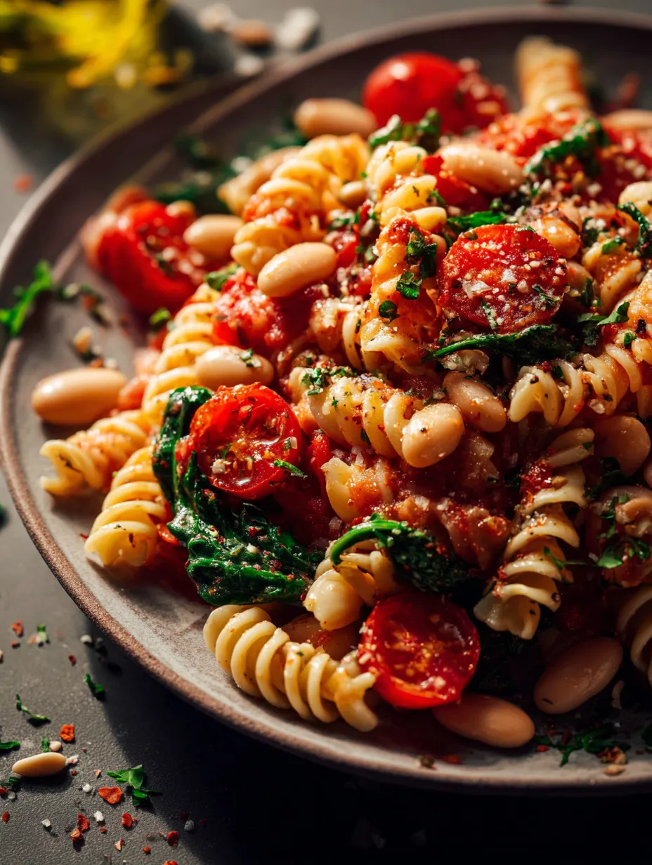 Une assiette bien remplie de pâtes aux tomates, haricots blancs, pois chiches et épinards.
