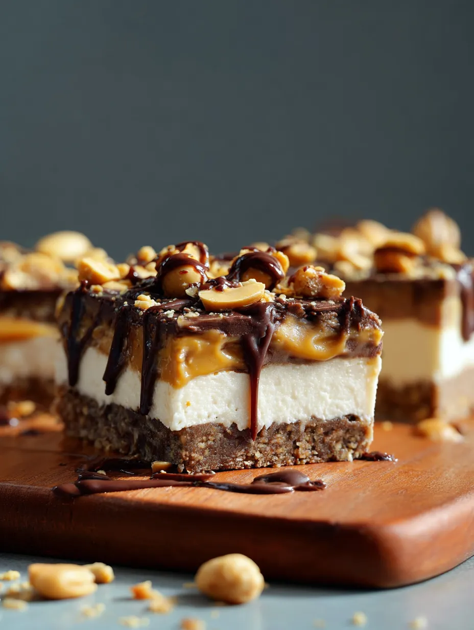 Un dessert au chocolat avec des cacahuètes et nappage choco sur une planche en bois.