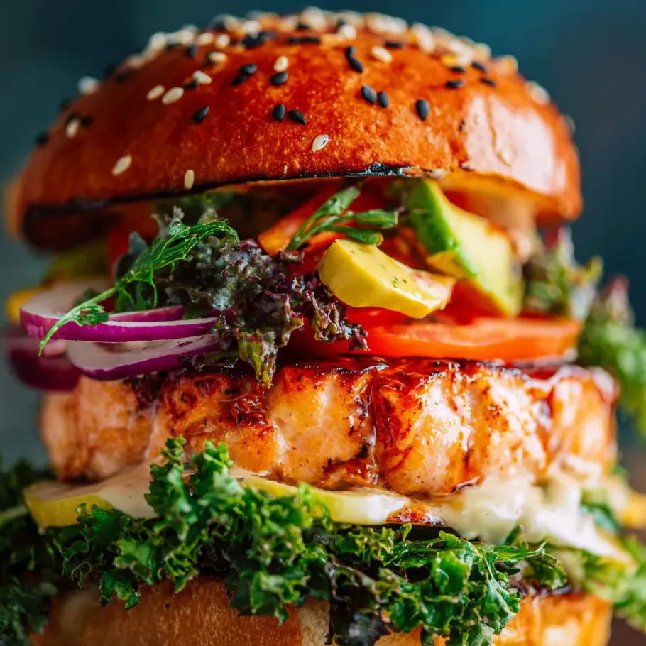 Un hamburger géant garni de plein d’ingrédients: avocat, tomate, laitue, coriandre et fromage.