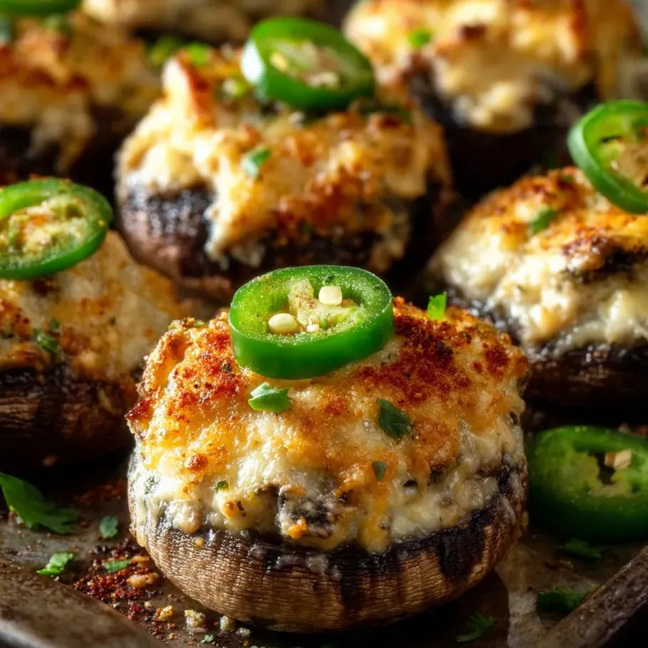 Plateau de champignons grillés, décorés d'une sauce aux jalapeños.