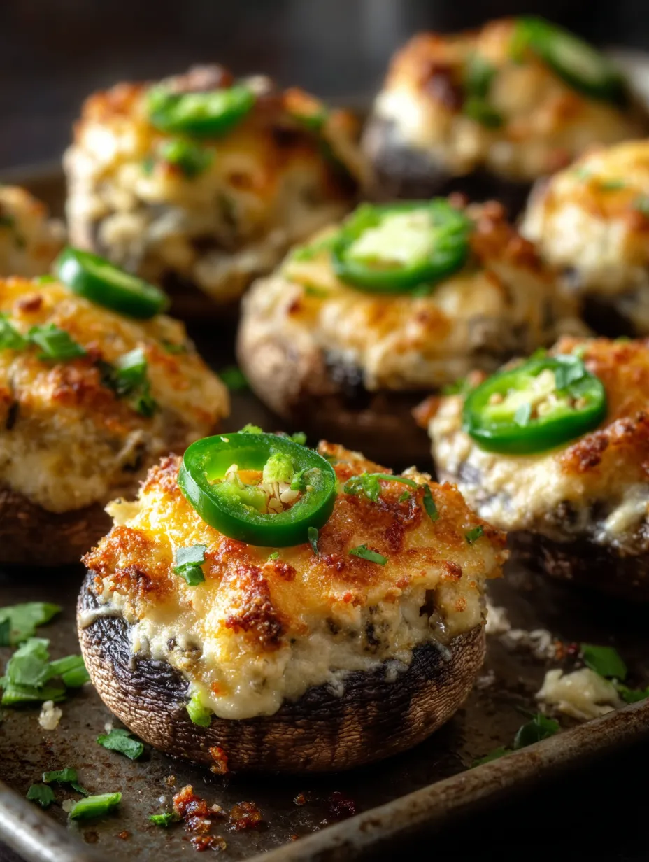Des champignons grillés garnis de jalapeño et de poivrons rouges sont sur une grande assiette.