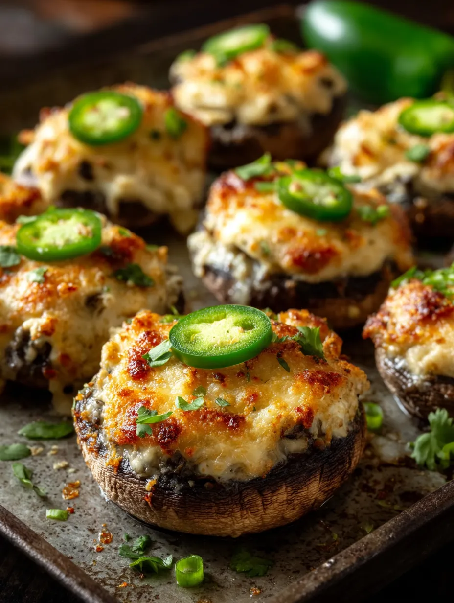 Une assiette garnie de gros champignons grillés parsemés de jalapeño et de persil.