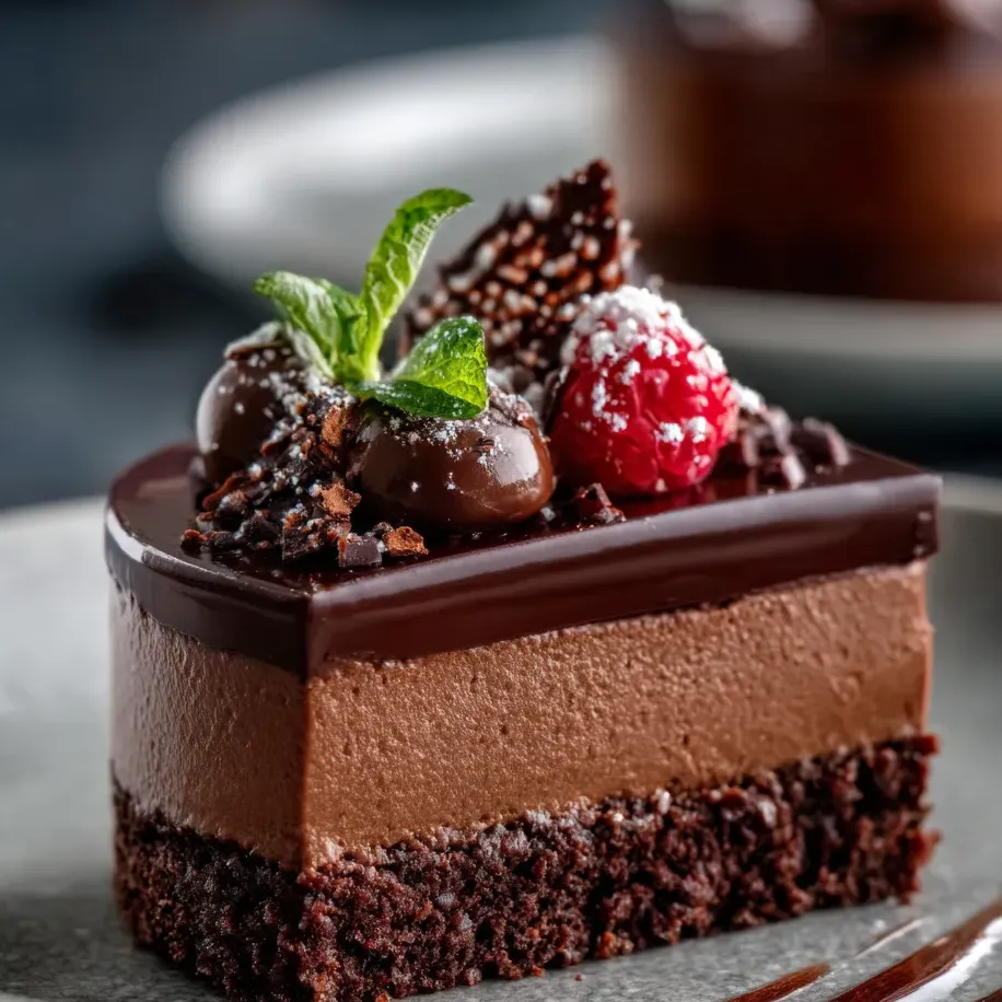Un gâteau au chocolat, avec du chocolat, de la framboise et du citron posé dessus.