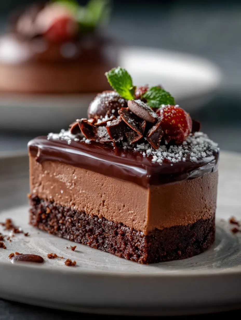 Une boule choco nappée de ganache, avec fraises et menthe sur assiette.