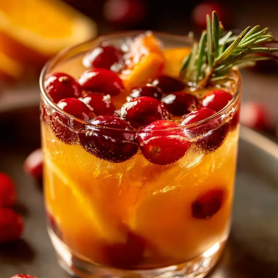 Un verre rempli d’un mélange orange vif avec morceaux d’orange, citron et pamplemousse, un bâton de cannelle posé dessus.