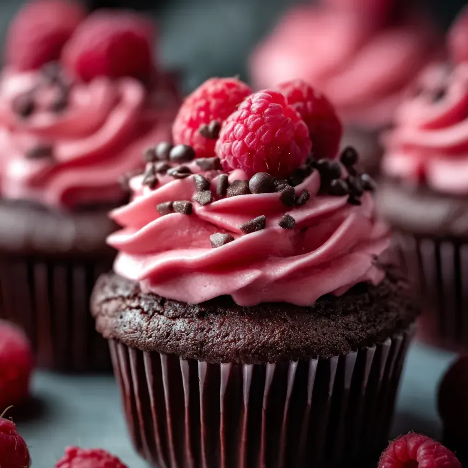 Un cliché gourmand : des cupcakes roses chocolatés sur une table.