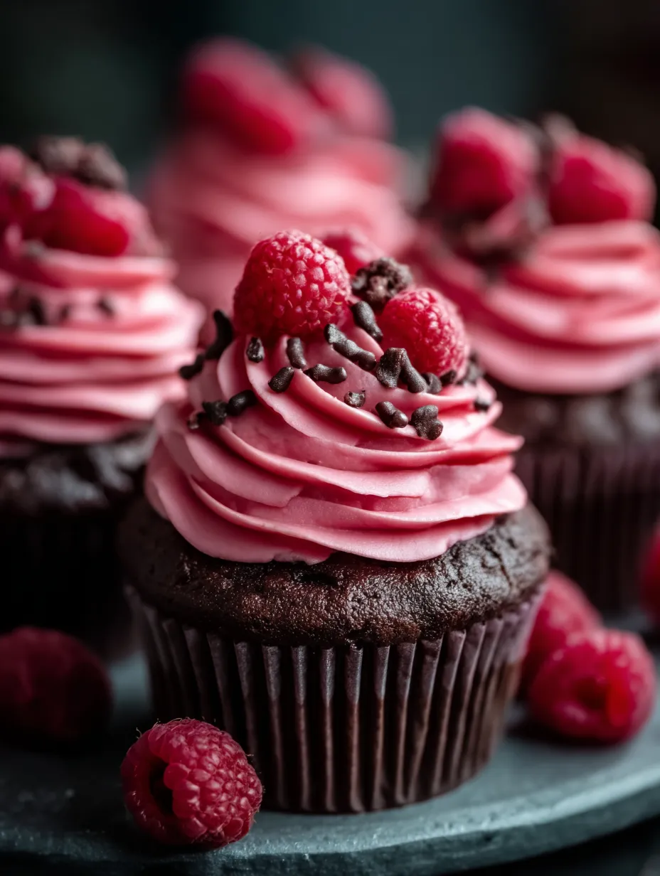 Un petit gâteau au chocolat fourré de framboise, décoré et posé sur une table.