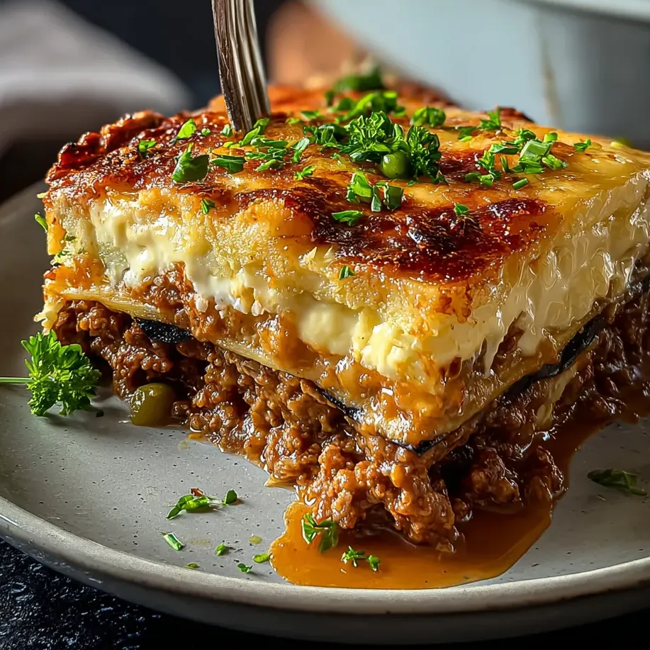 Un bol d’aubergines, viande et sauce avec des herbes sur le dessus.