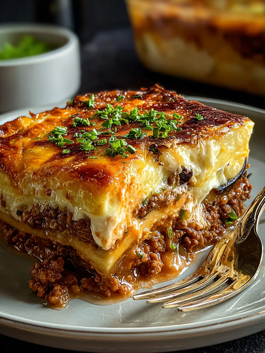 Un gratin fondant avec du bœuf, des oignons et des tomates sur une assiette blanche.