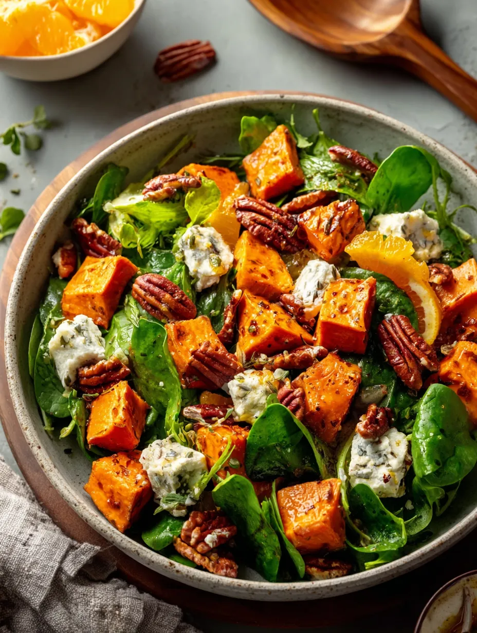 Un bol avec des légumes frais, des cubes de courge, épinard, noix, le tout décoré avec une orange.