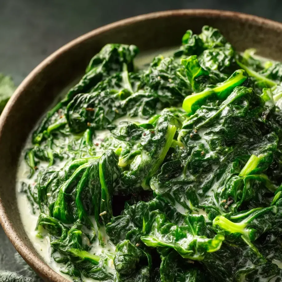 Une grosse casserole pleine d'épinards verts bien fondus avec une sauce toute onctueuse.