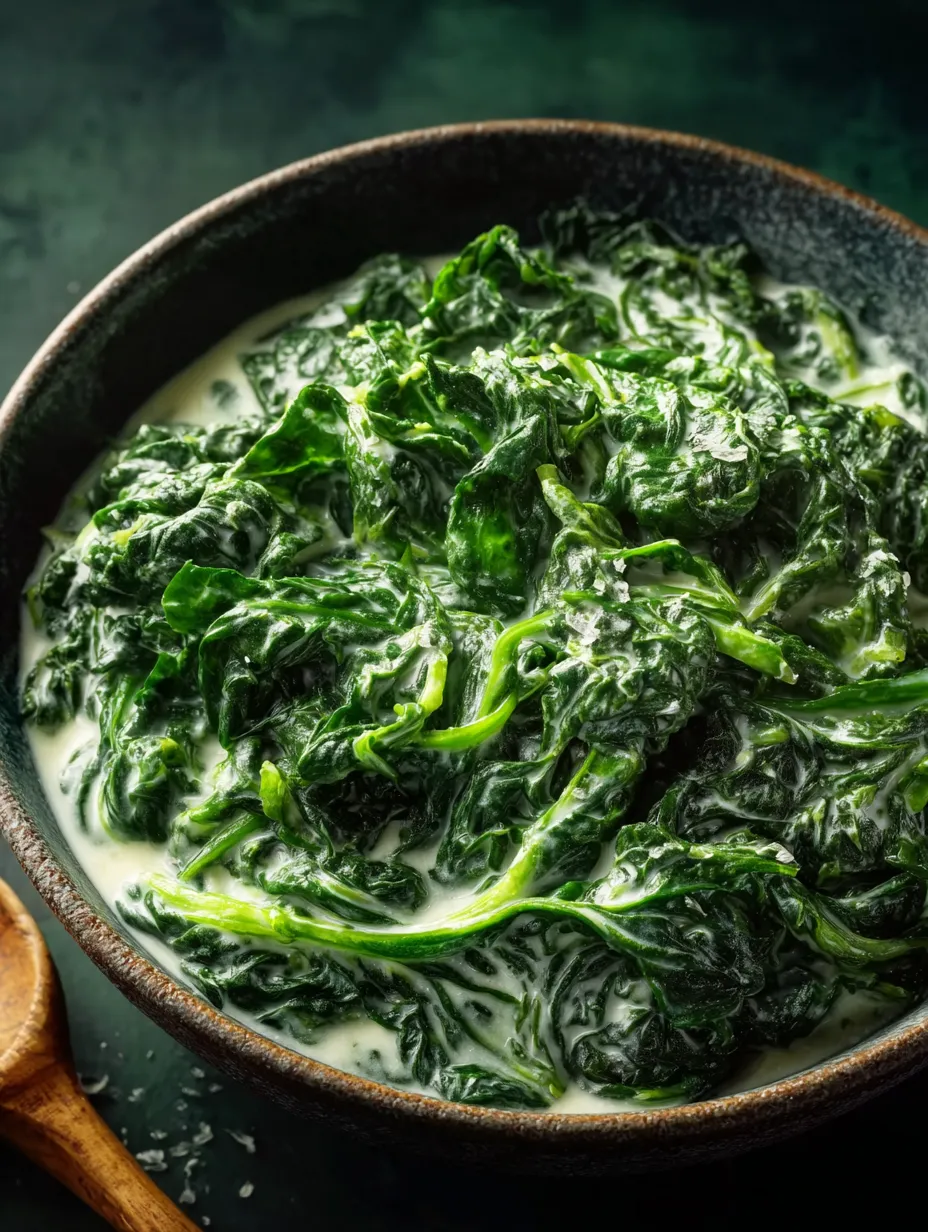 Un bol rempli de légumes feuillus verts servis dans une sauce crémeuse.
