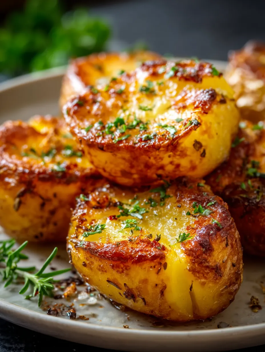 Une assiette de patates au four grillées avec un peu de persil dessus.