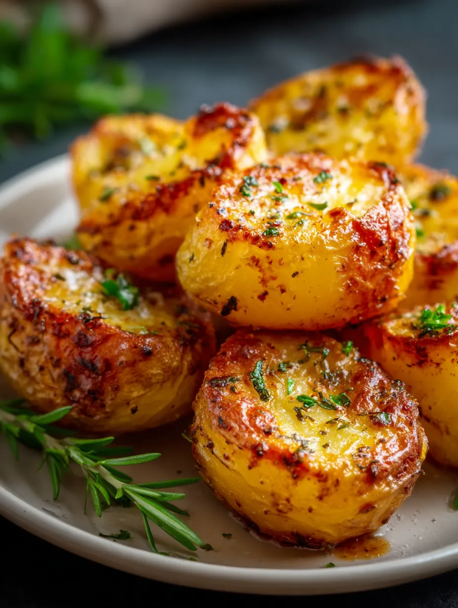 Une assiette avec six patates au four croustillantes garnies de persil.