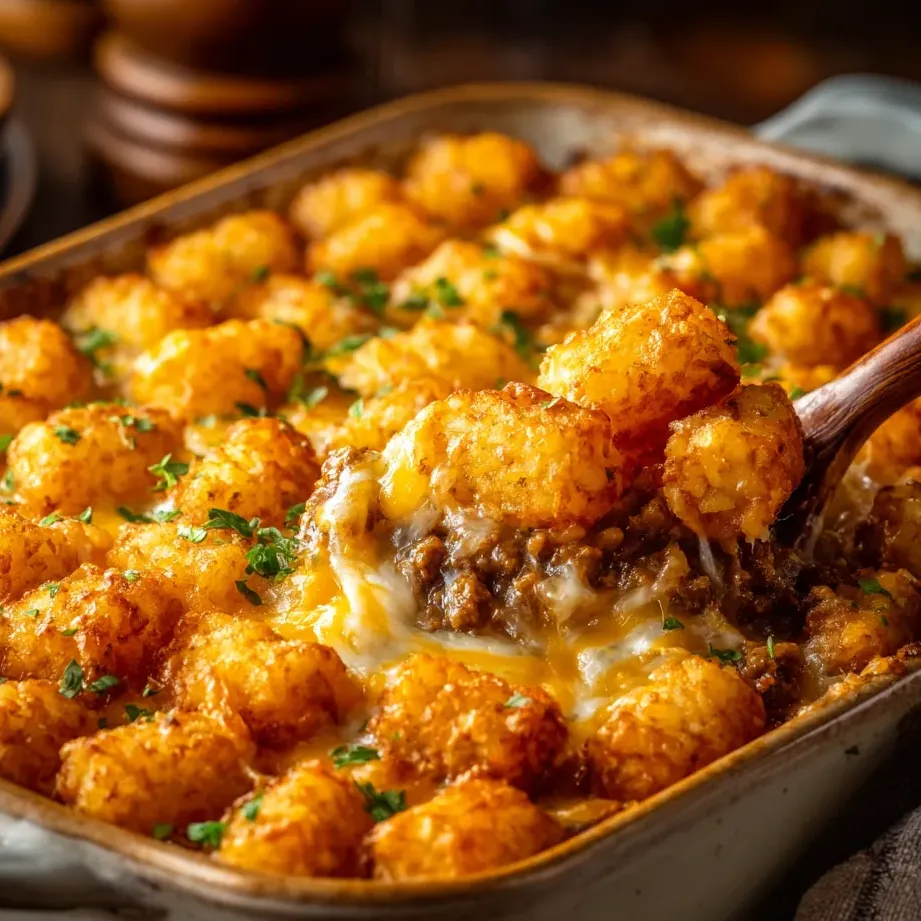 Une assiette pleine de Tater Tots cuits façon cocotte.