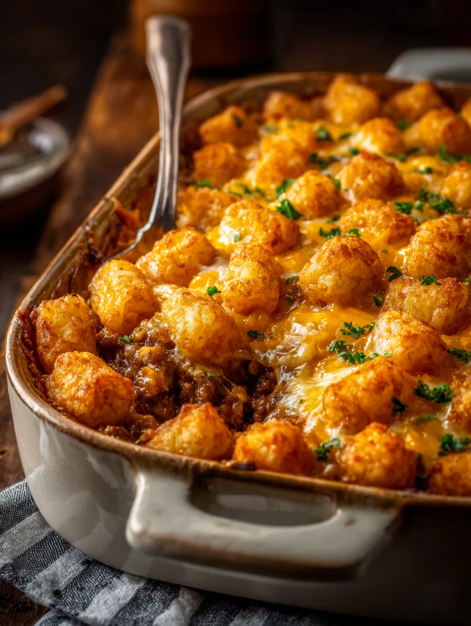 Une assiette de Tater tots nappée de fromage.