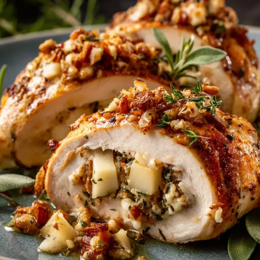 Morceau de poulet avec oignons et noix dans une assiette.