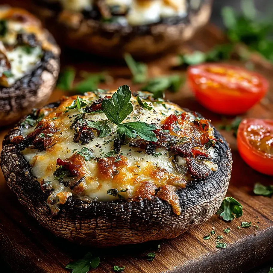 Un gros champignon avec tomates et basilic sur une planche en bois.
