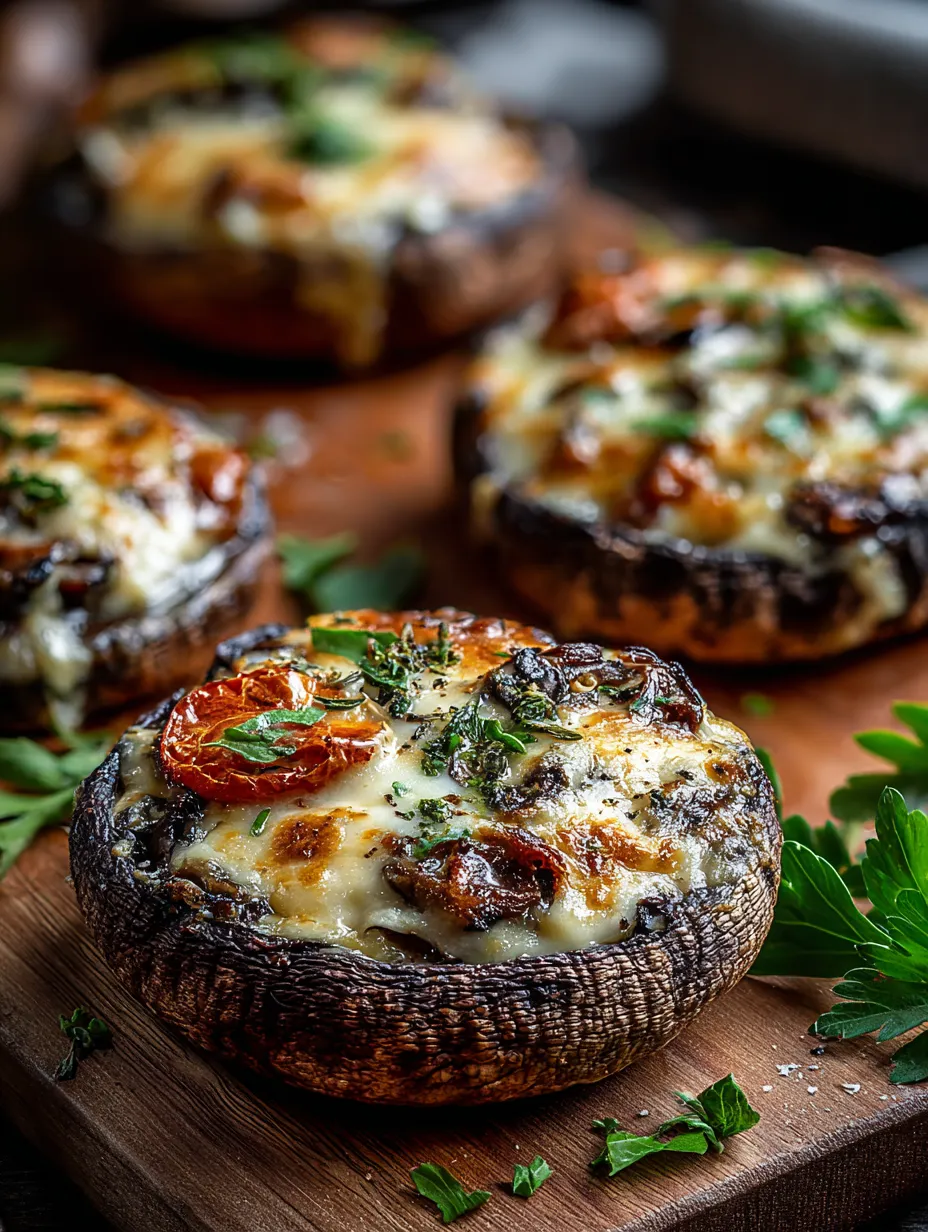 Un alignement de champignons avec oignons et tomates dessus.