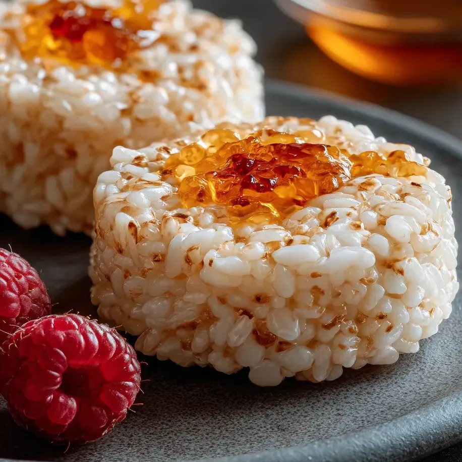 Riz nappé de sauce framboise dans une assiette.