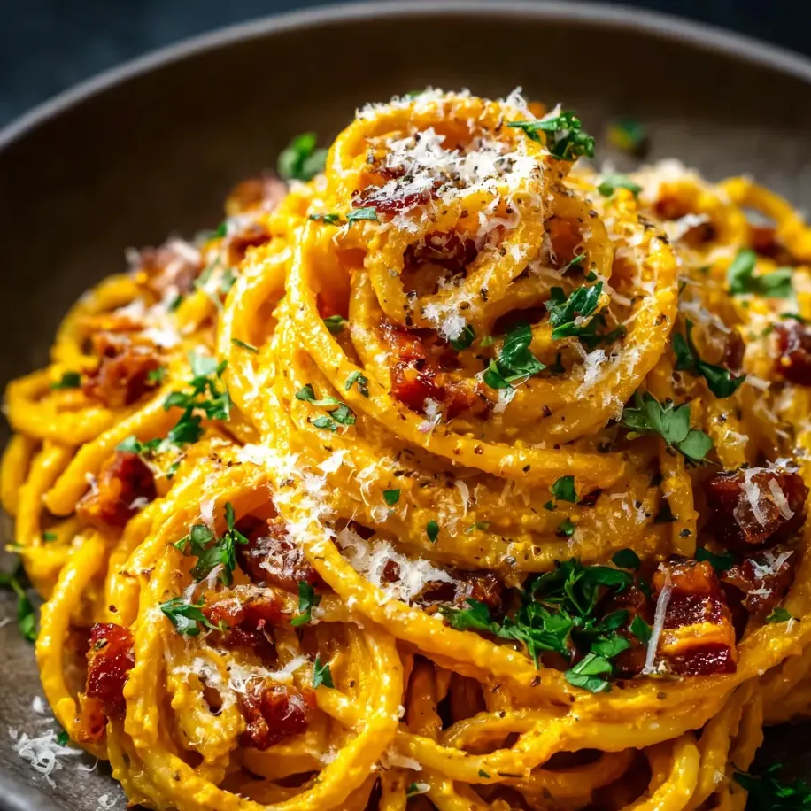 Petit bol de pâtes avec bacon et parmesan.