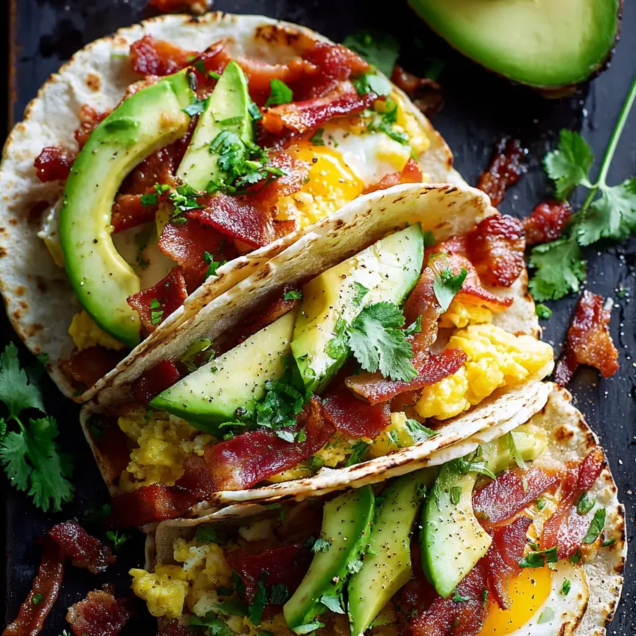 Deux tacos garnis de bacon et avocat posés sur la table.
