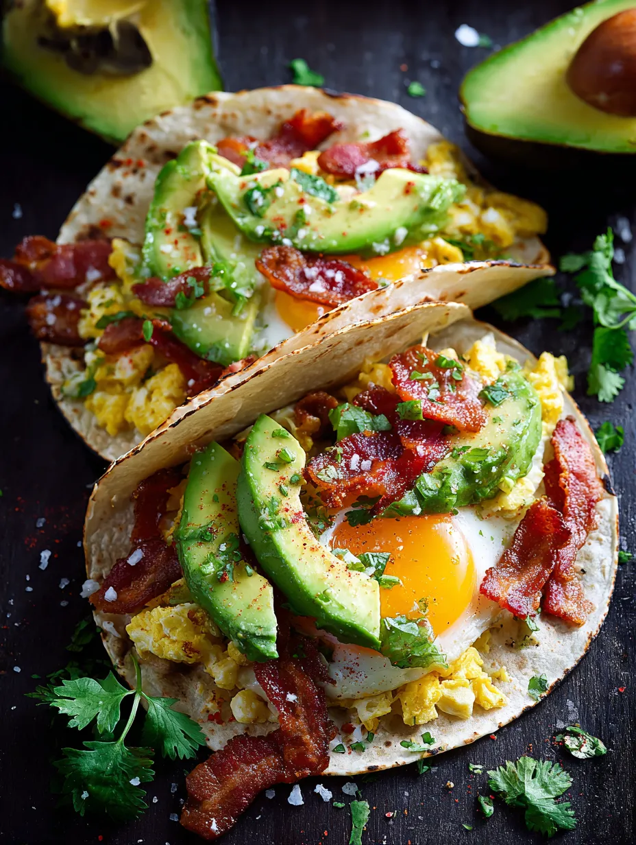 Deux tacos avec bacon, avocat et œuf sur une table.