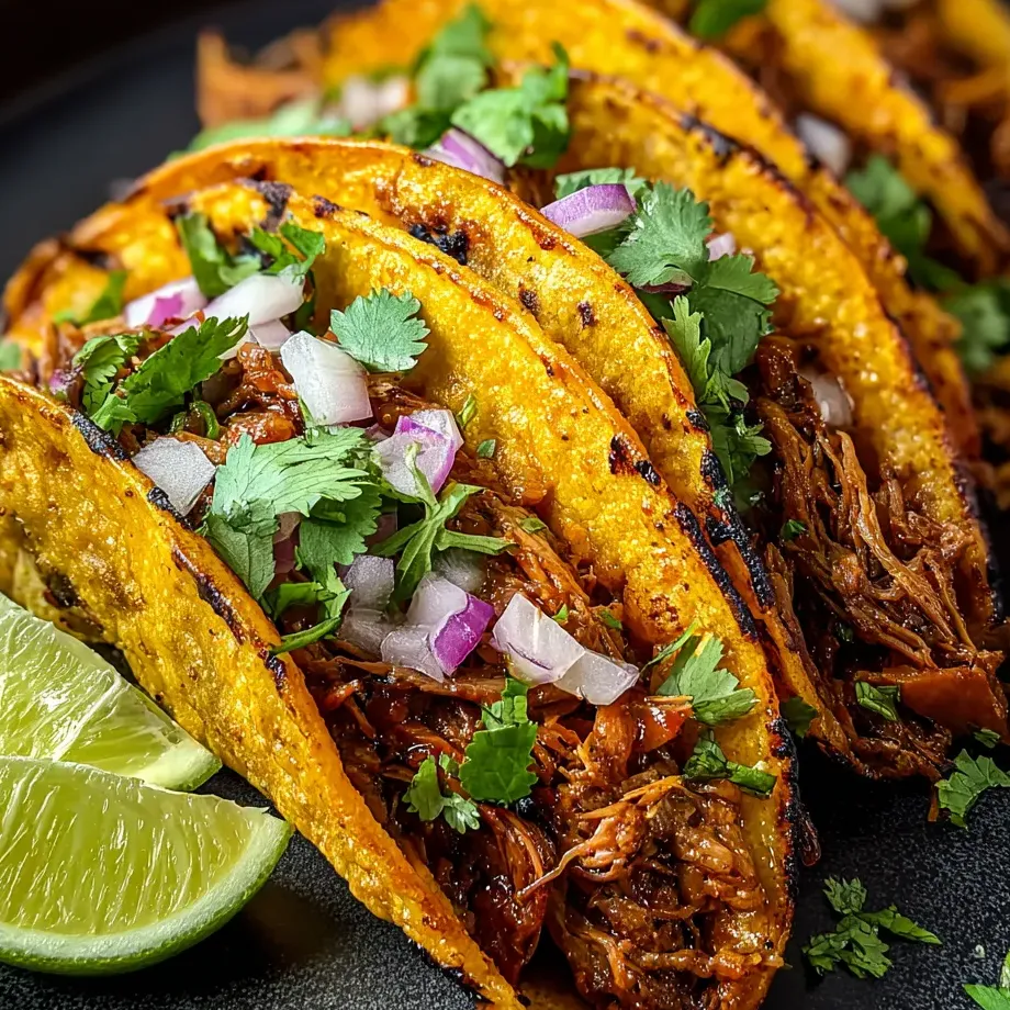 Photo de deux tacos avec du bœuf effiloché et du pepin.