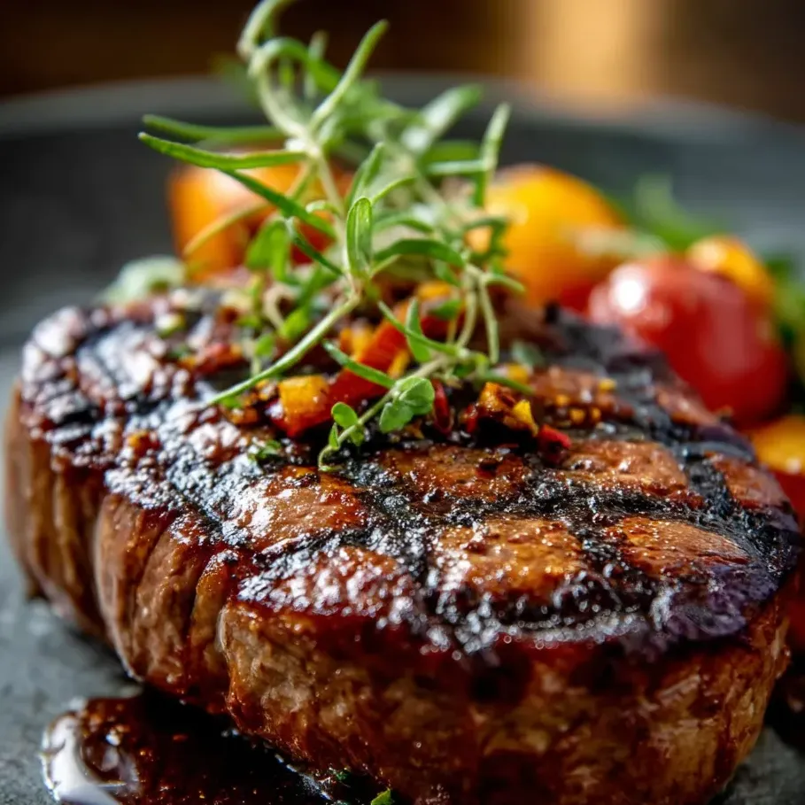 Une assiette avec une tranche de steak, un peu de persil vert et quelques tomates fraîches.