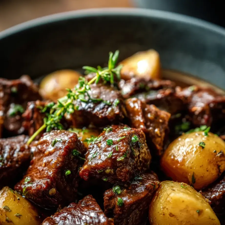 Une cocotte pleine de bœuf tendre, oignons et pommes de terre fondantes.