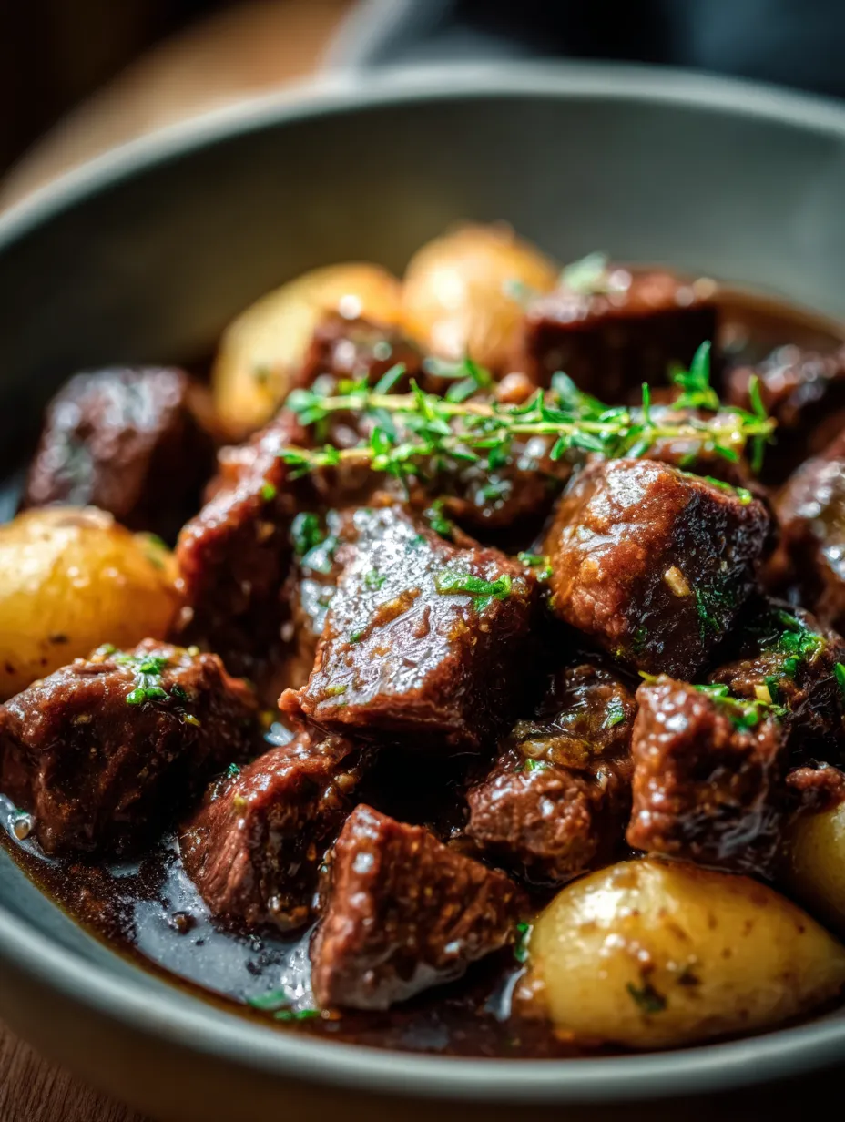 Un faitout rempli de bœuf, oignons et pommes de terre.