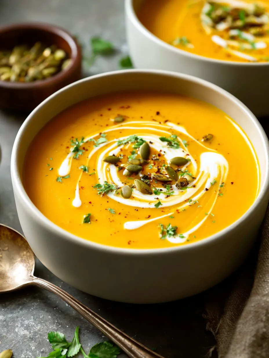 Une tasse blanche garnie d’une soupe onctueuse, pleine de morceaux de courge, d’épices et de fines herbes.
